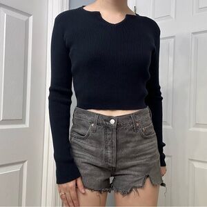 Brandy Melville Crop Top Long Sleeve Ribbed V-Neck Grunge Cotton Navy Blue Fall